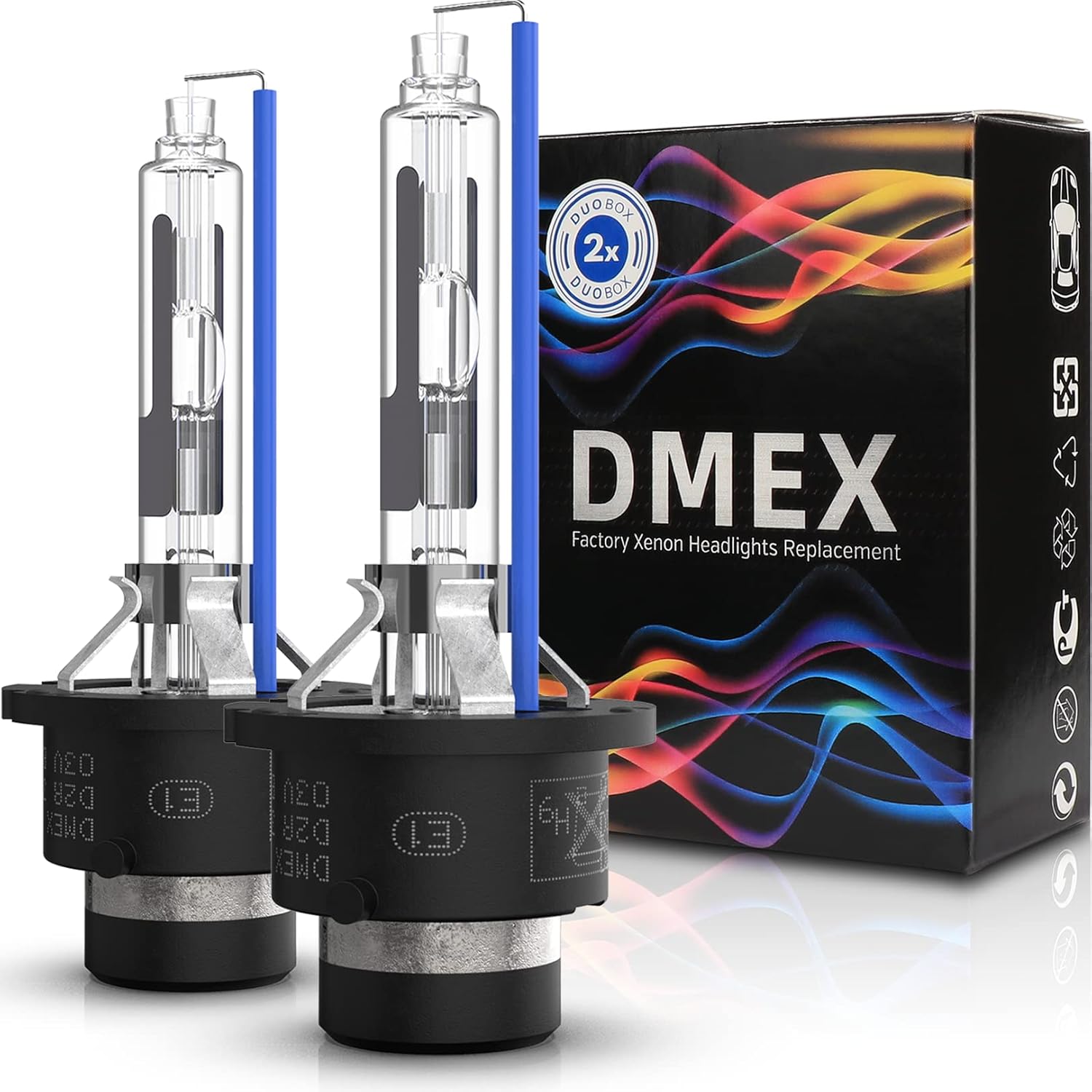 Dmex D2R 6000K Xenon HID headlight bulb pair front view