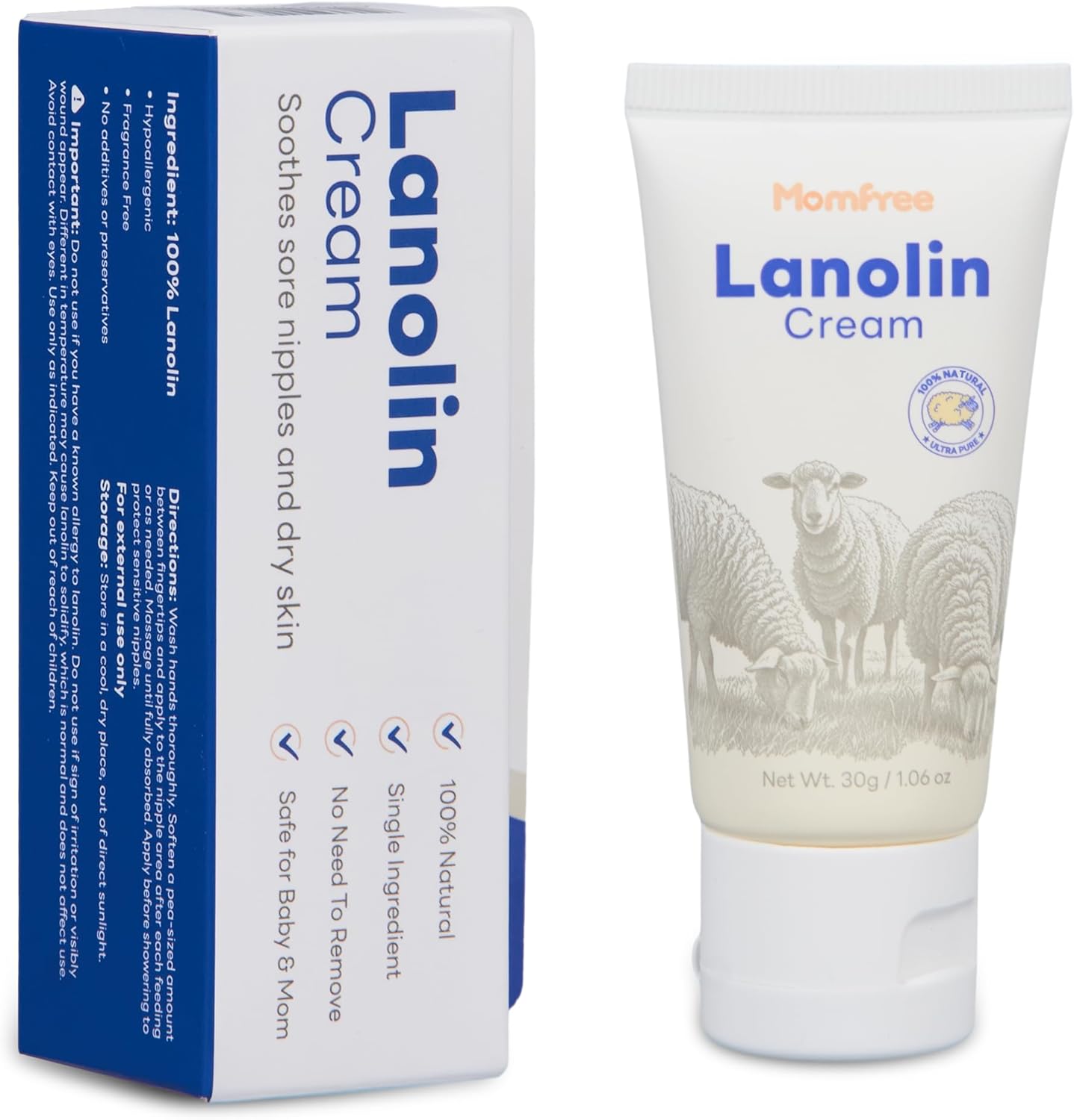 Momfree Lanolin Nipple Cream front view 30 grams tube