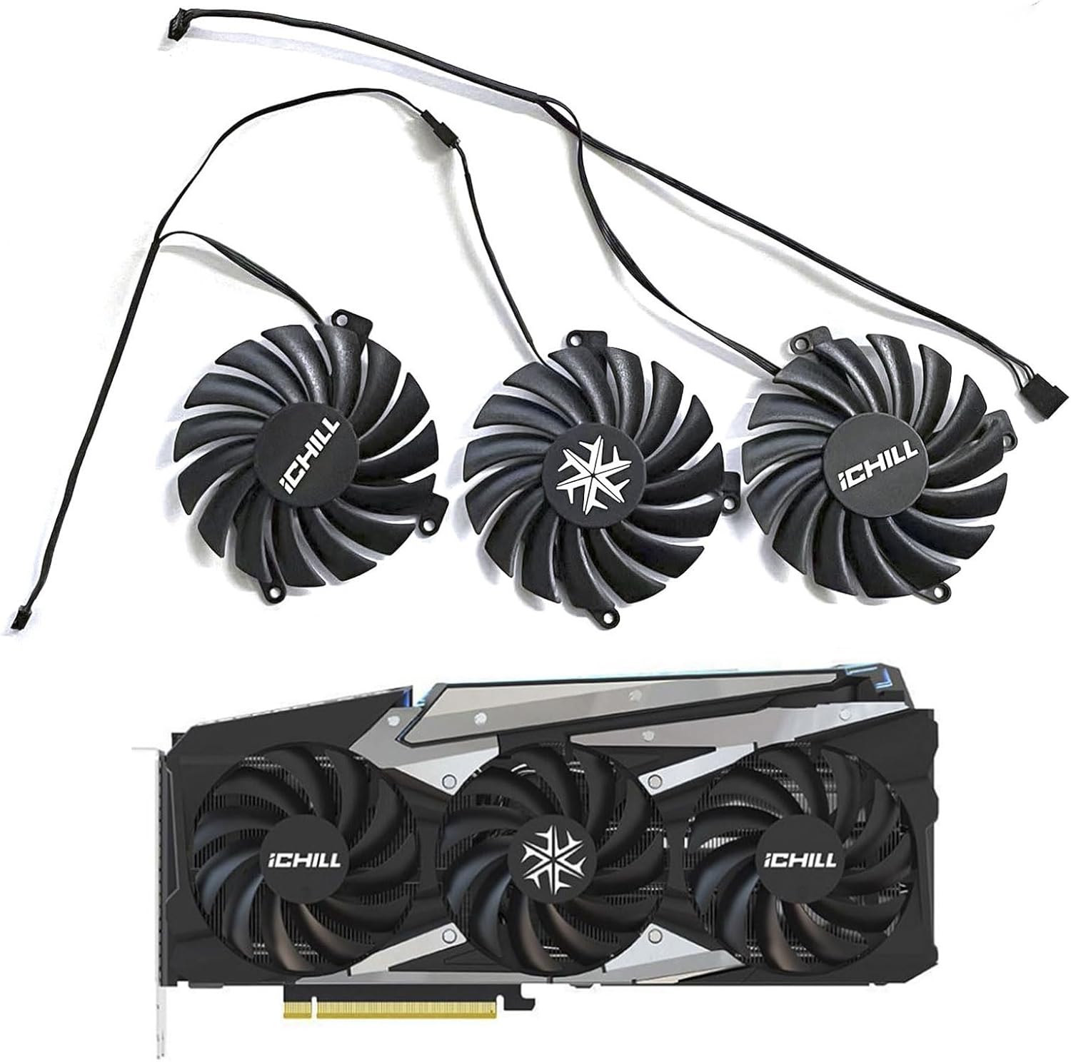 LTANDBR GPU cooler replacement fan set front view showing three premium black eighty five millimeter cooling units
