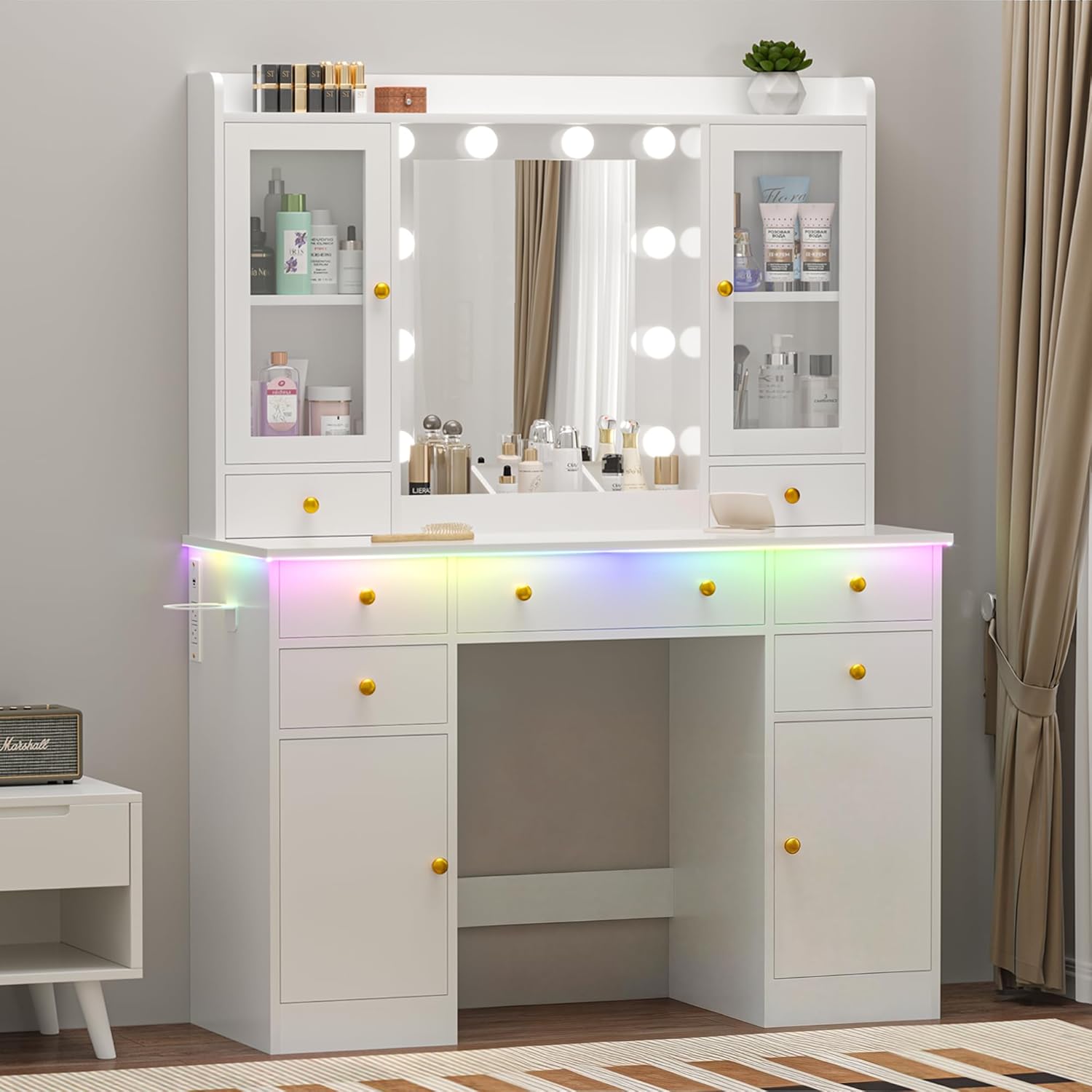 Wodeer white makeup vanity desk with mirror and lights front view in a modern bedroom
