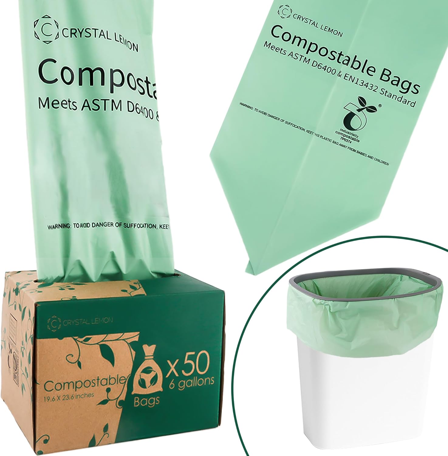 C Crystal Lemon 50 Count Compostable Kitchen Food Waste Bags front view biodegradable bin liners.