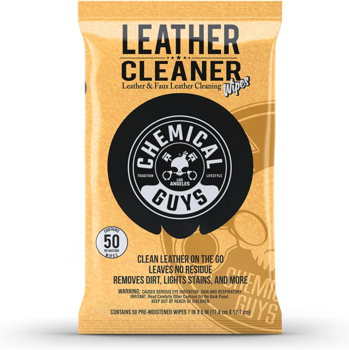 Chemical Guys Leather Cleaner Wipes Mega Fifty Pack front packaging view for premium car detailing.