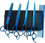 Moontay multicolored titanium coated dog grooming shears layout with rubber mufflers.