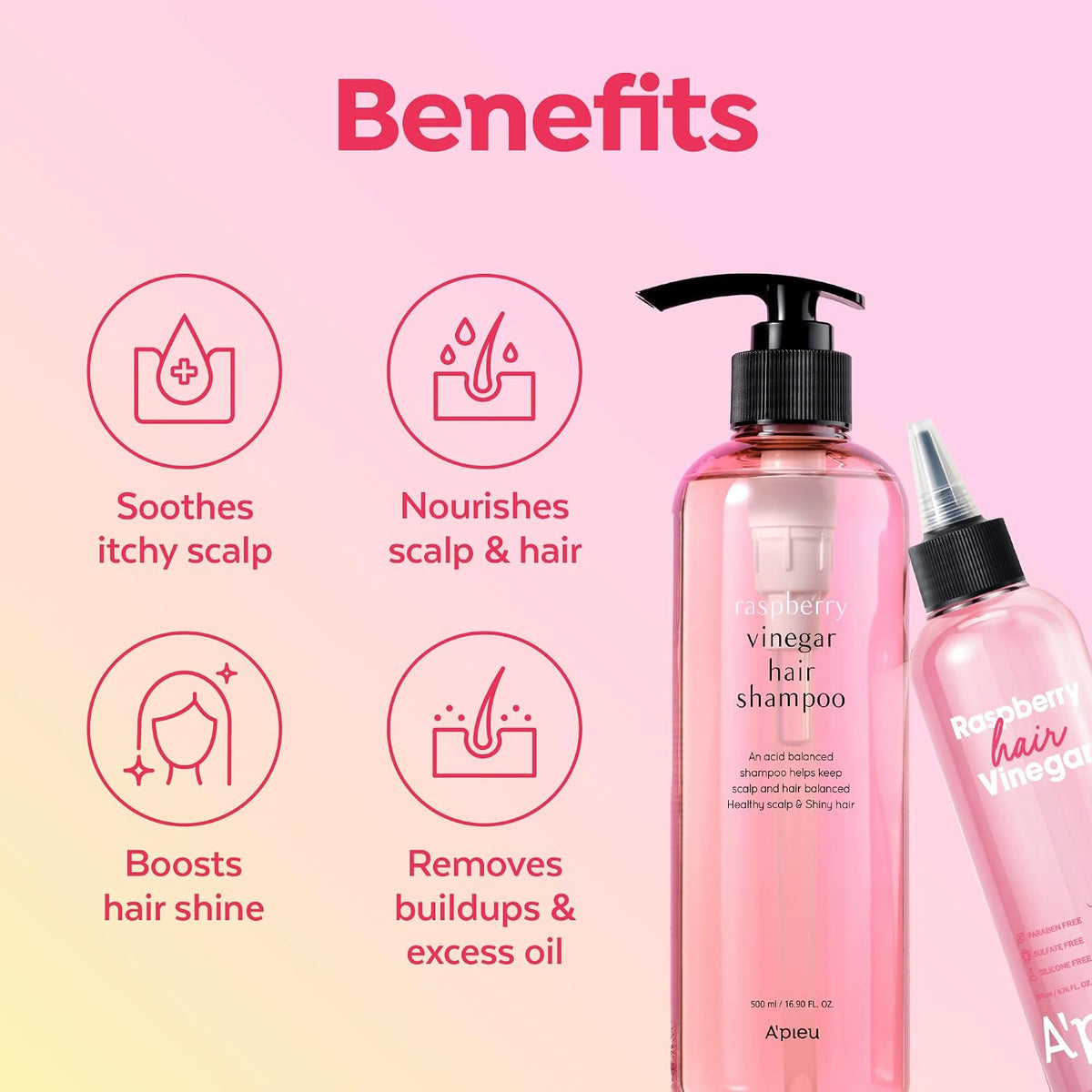 Close up of A'Pieu Raspberry hair care set components