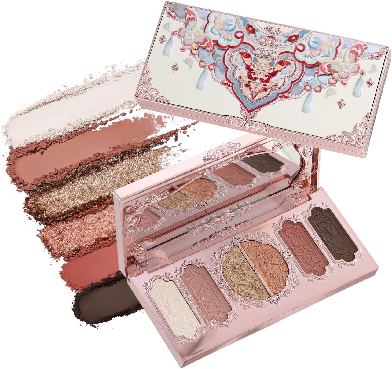 Flower Knows Butterfly Cloud Collar Embossed Six Color Makeup Palette front view showing intricate butterfly designs.