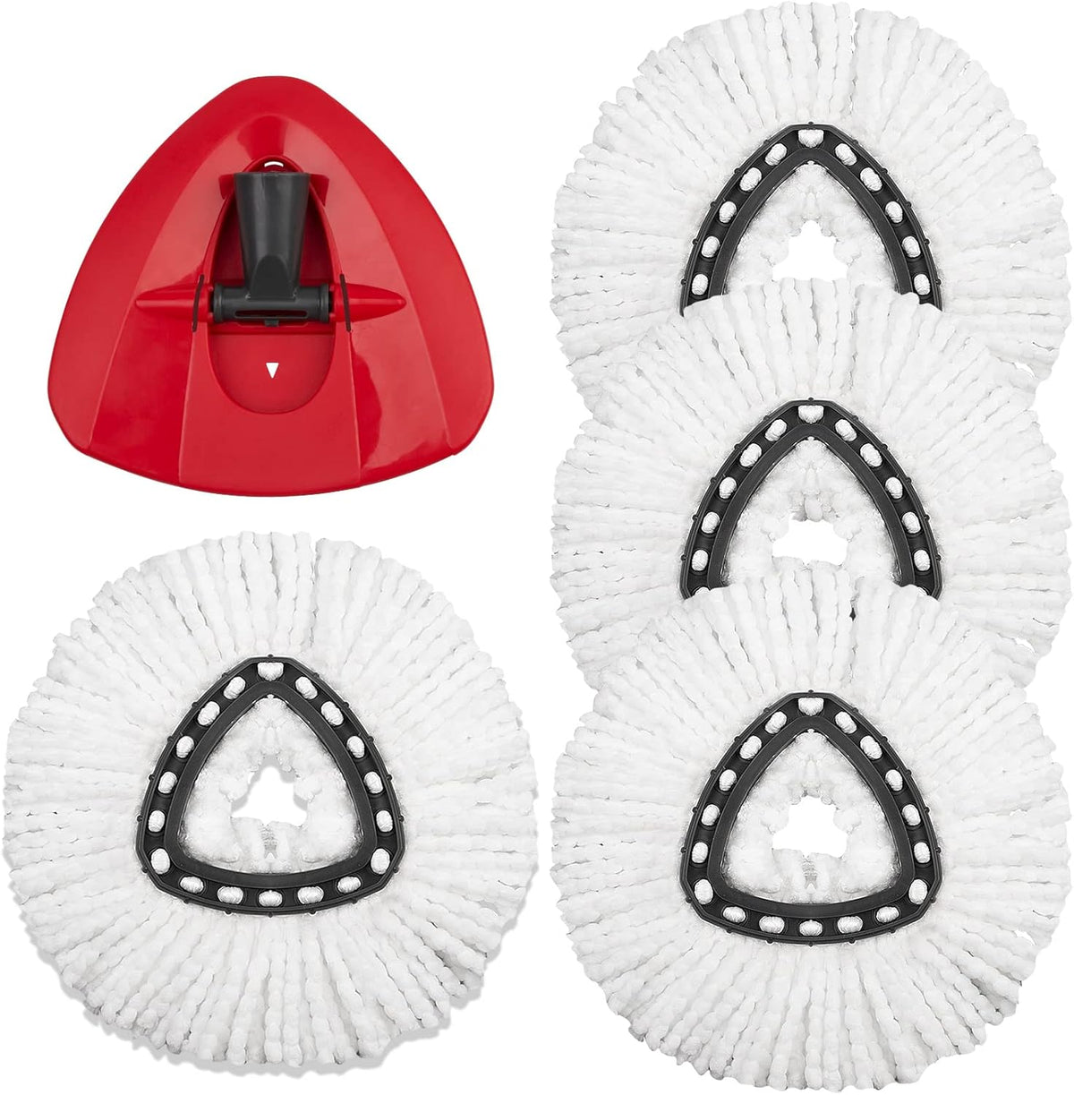 Grarend spin mop replacement heads front view showing four white microfiber refills and one red triangle base