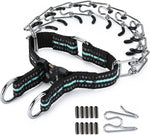 Heavy duty dog training prong collar displayed flat to show complete link structure.