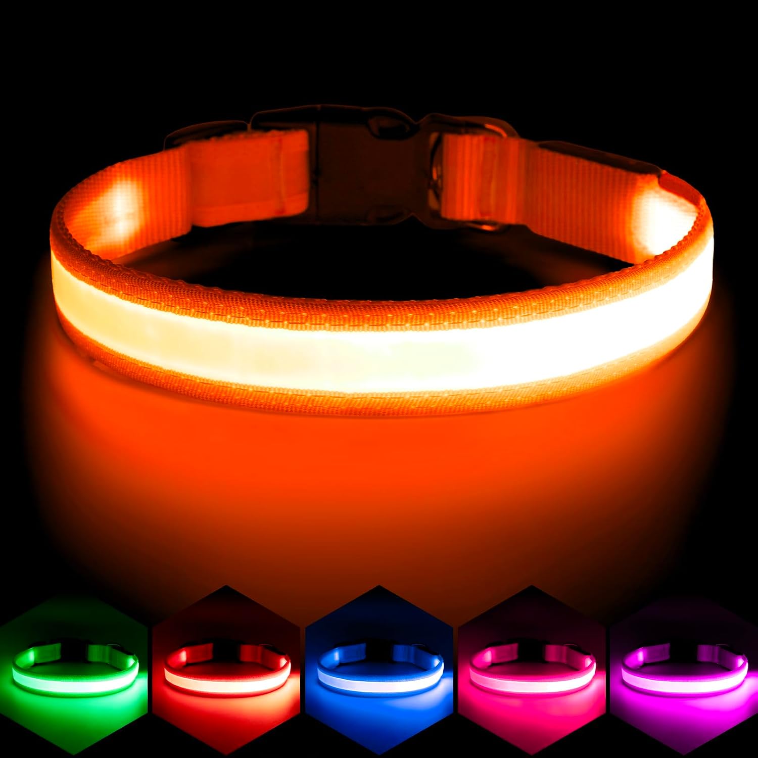 Vizpet LED dog collar front view in medium orange