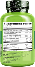 Side view of Naturelo bottles showing non-GMO and organic fruit blend seals
