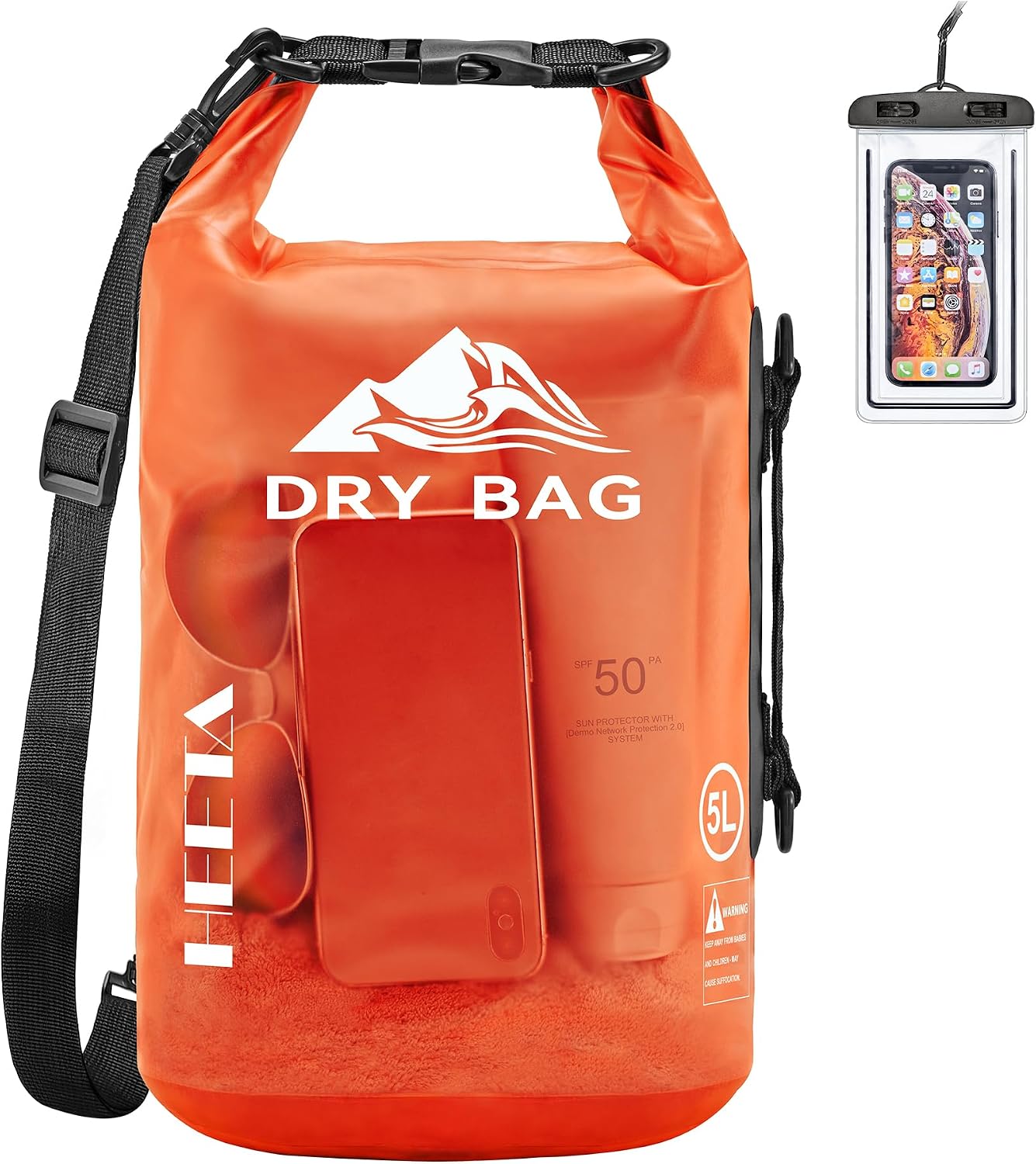 HEETA waterproof dry bag backpack in orange front view commercial storage solution