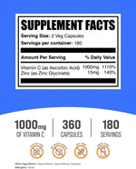 BulkSupplements Vitamin C 1000mg and Zinc 15mg supplement facts and ingredient label close up