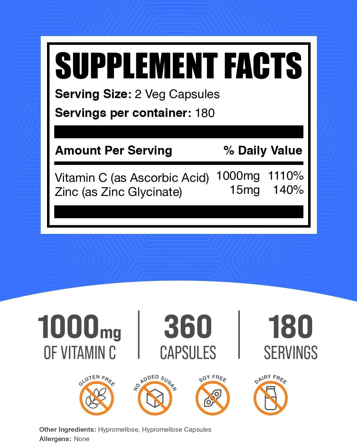 BulkSupplements Vitamin C 1000mg and Zinc 15mg supplement facts and ingredient label close up