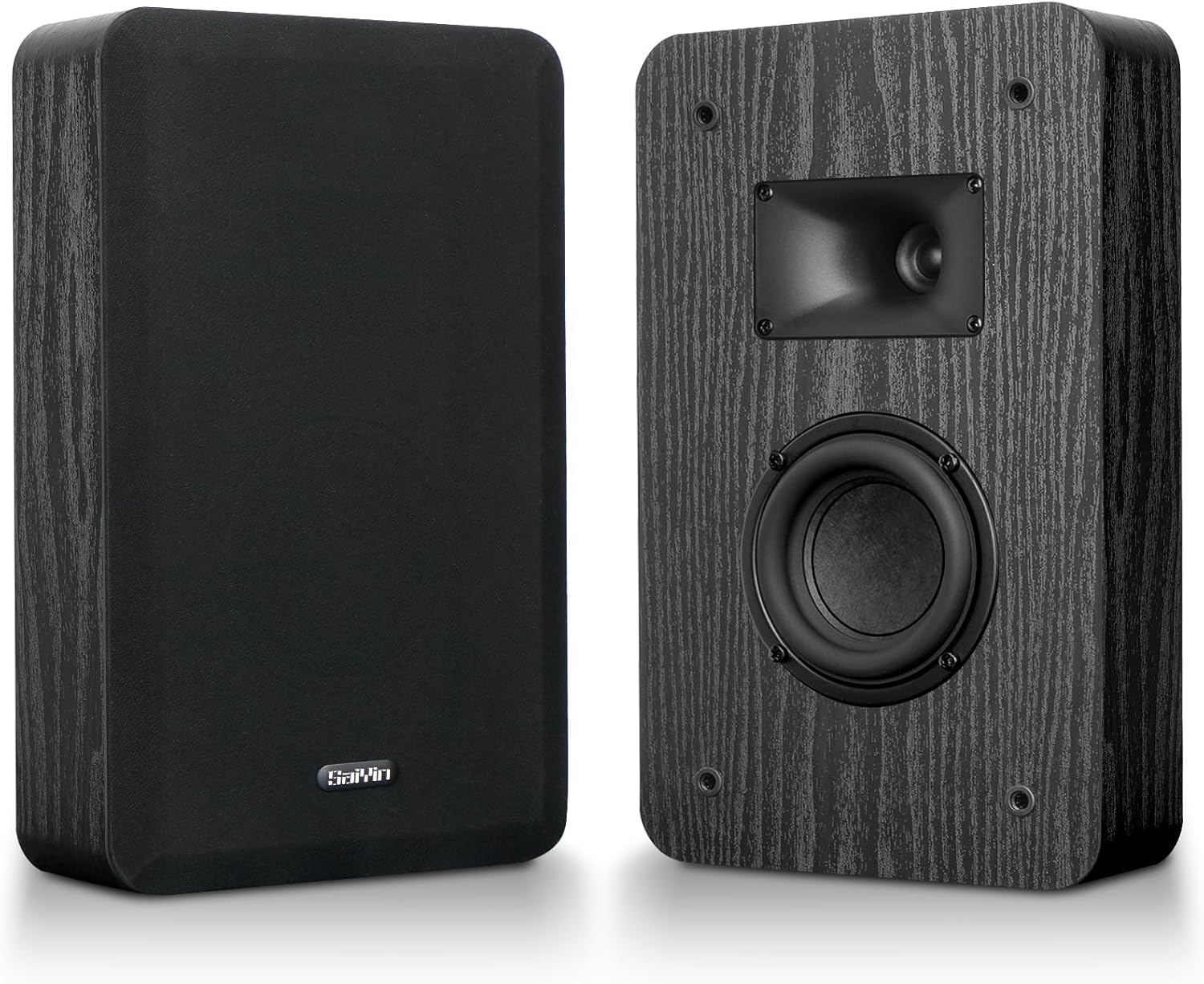 Saiyin on wall passive speakers front view showing black wood grain finish and compact dimensions for premium home audio systems