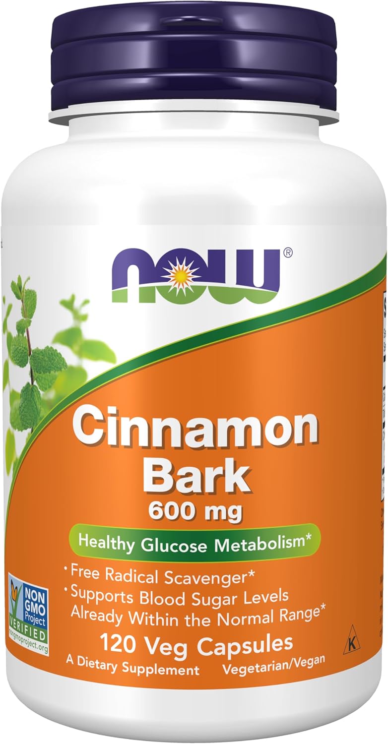 Now Foods Cinnamon Bark 600 milligrams 120 Vegetable Capsules front view dietary supplement