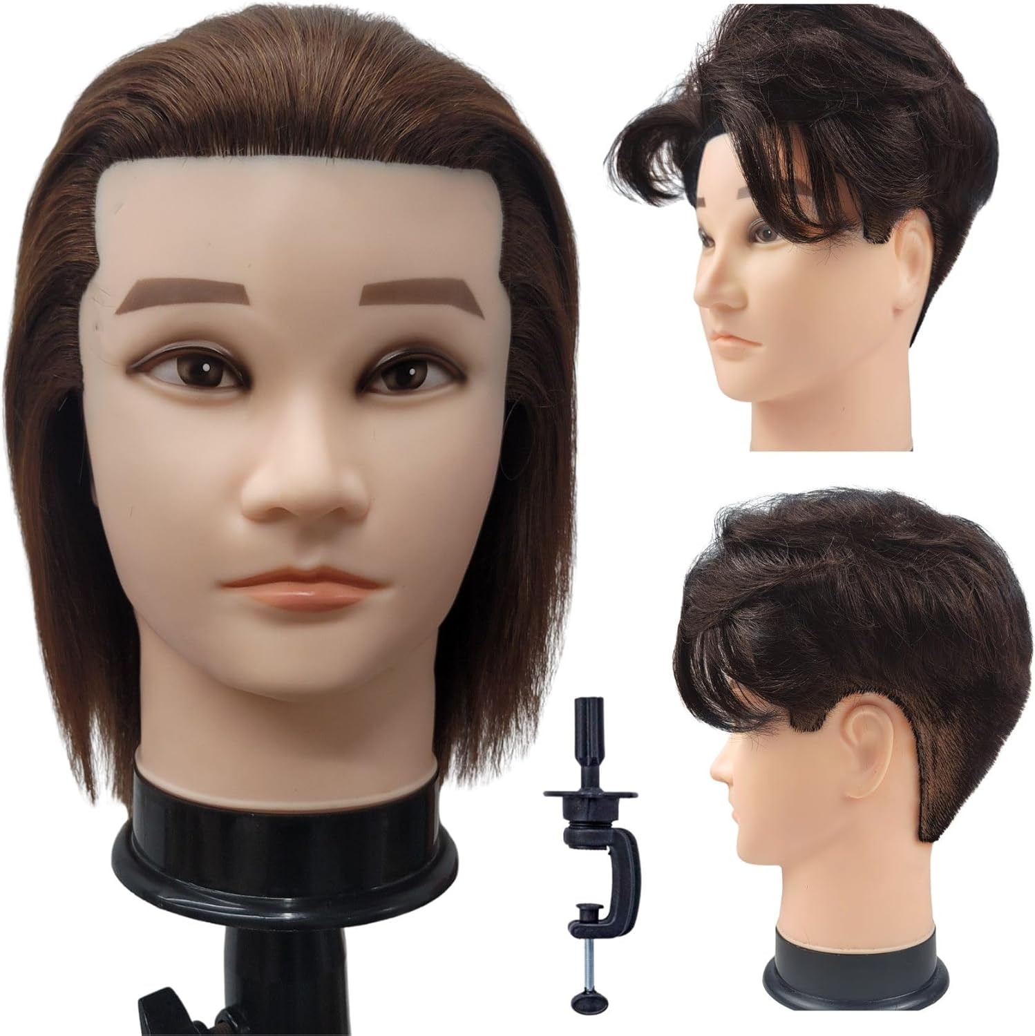 SXSZLYP male barber mannequin head front view showing realistic black human hair for haircutting practice.