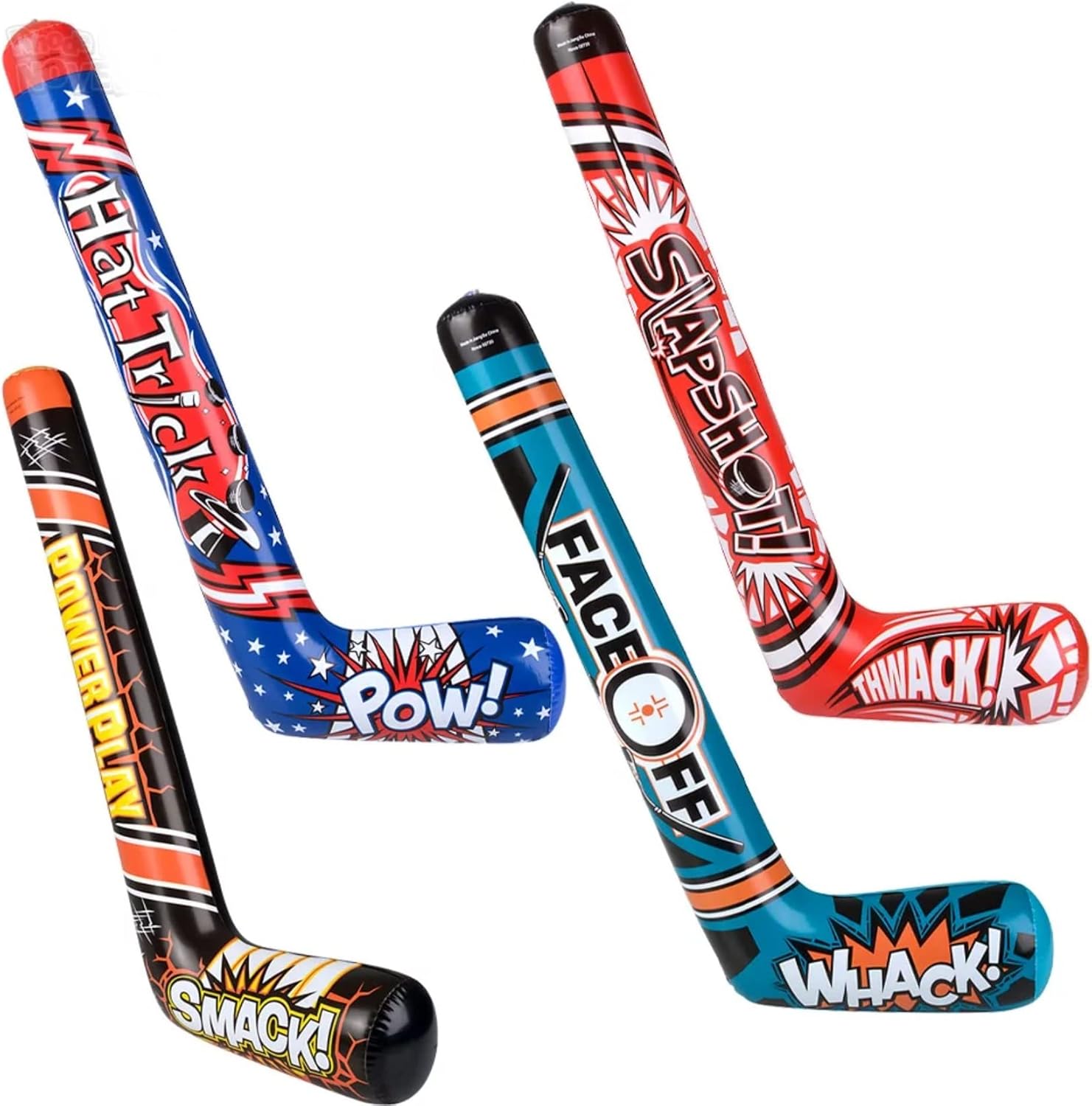 Happy Deals Inflatable Hockey Sticks front view for sports party decorations.