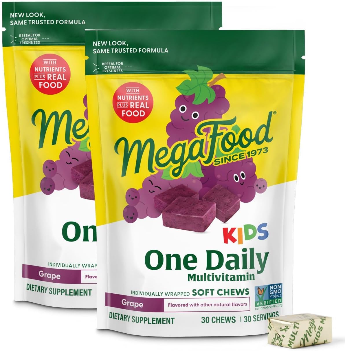 MegaFood Kids One Daily Multivitamin Soft Chews, Grape, 30 Chews (2 Pack) | Supports the Growth and Development of Kids 4+ with Vitamin B, Vitamin C, D3, Kids Vitamins, Vegetarian, 30 Servings Each - Image 1