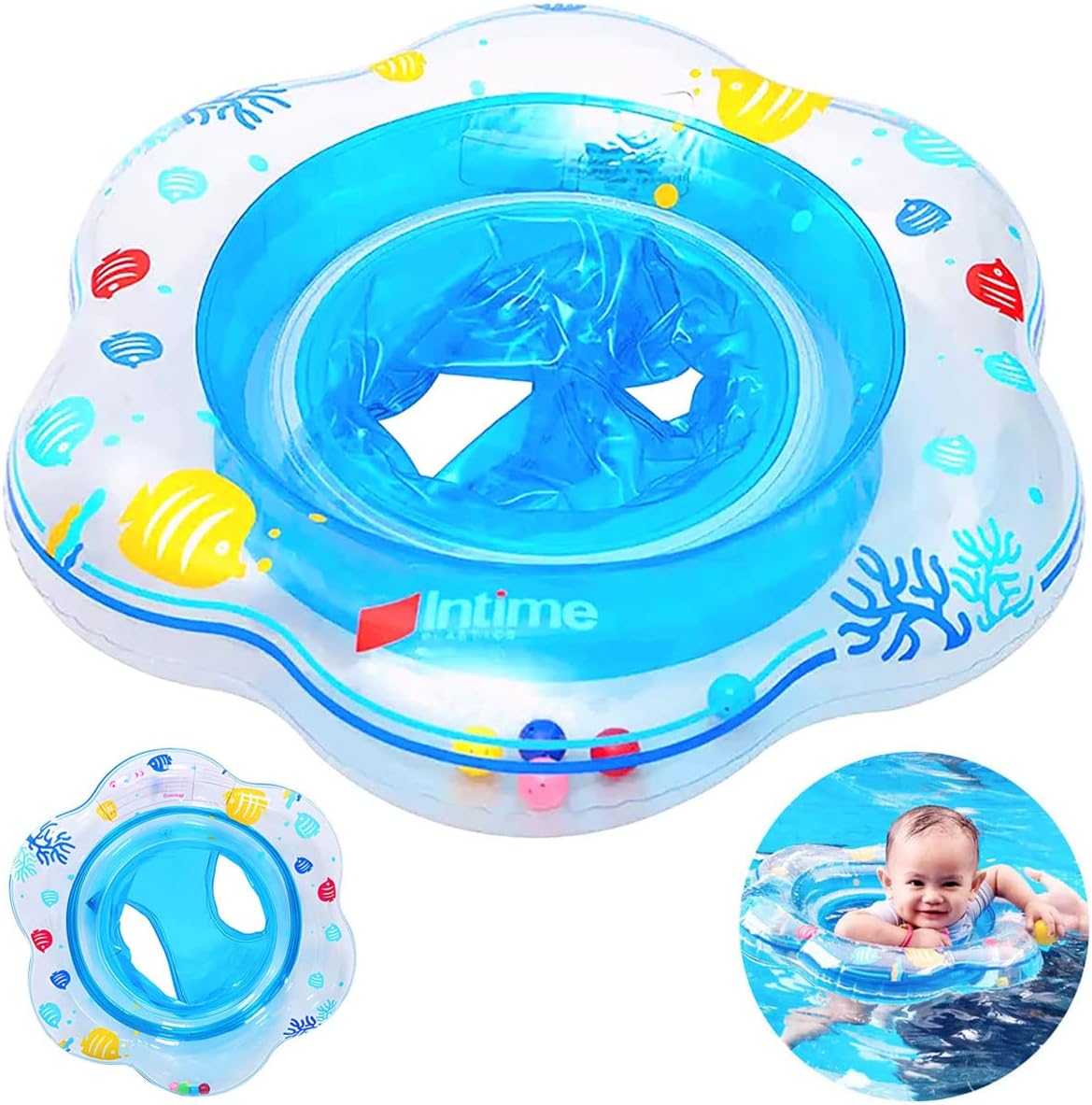 Arcimatto baby pool float with safety seat in blue front view