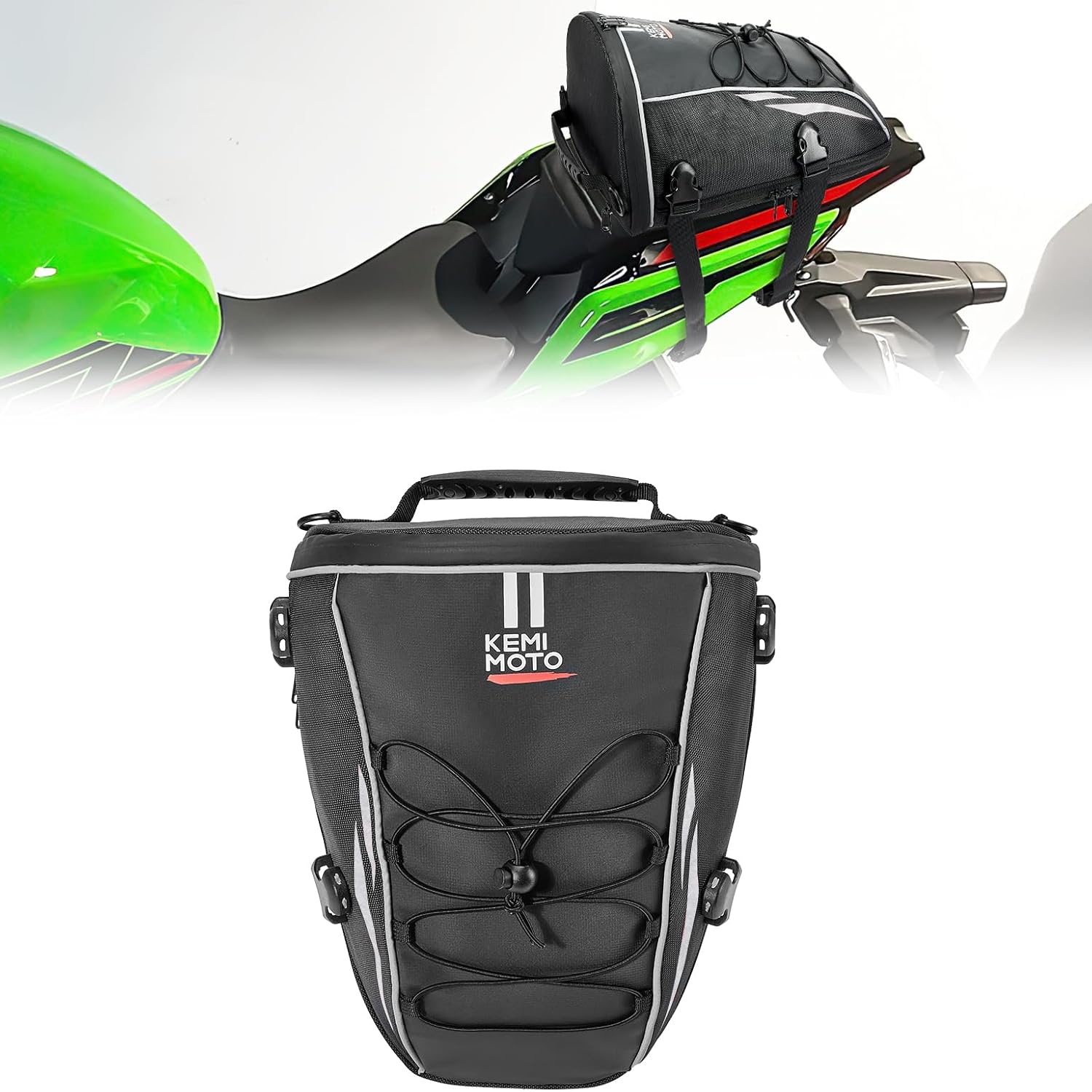 Kemimoto motorcycle tail bag 10 Liters silver front view secured on a rear rack