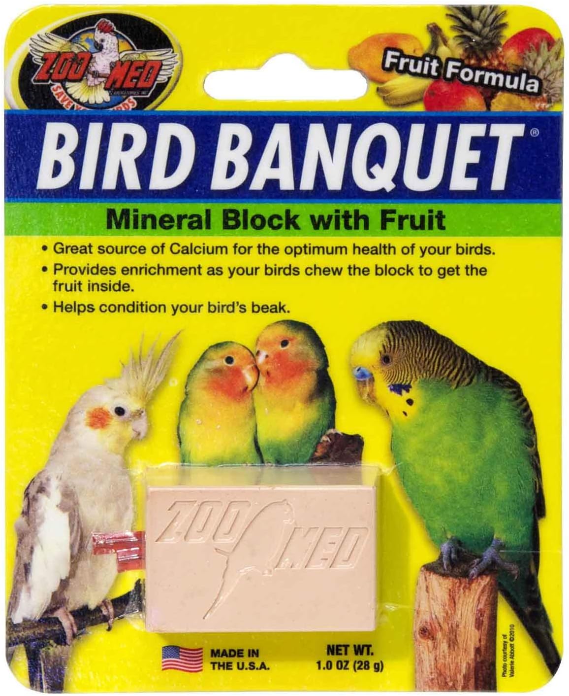 Zoo Med Bird Banquet Fruit Mineral Block front packaging view showing tropical fruit graphics.