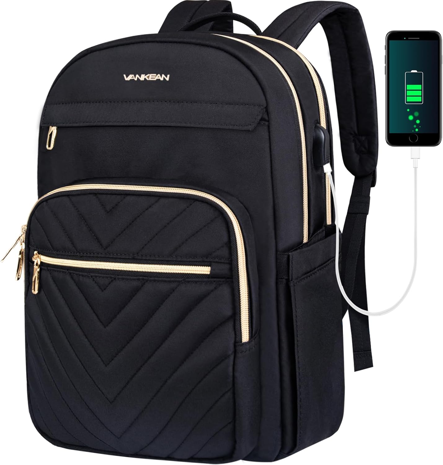 Vankean womens laptop backpack front view showing premium black quilted chevron design.