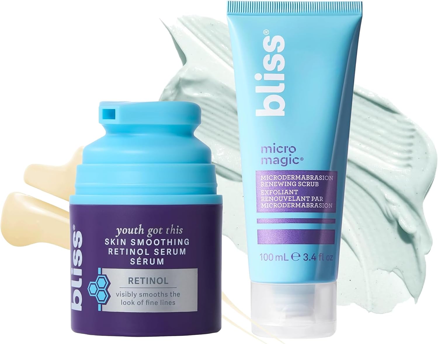 Bliss Retinol Serum and Face Scrub Duo front view showing the product packaging.
