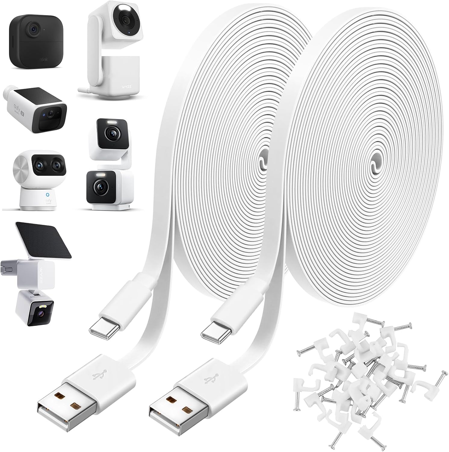 Uogw Type C Power Cord two pack front view showing white flat ten foot cables with wall clips