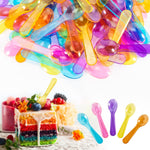 MAQIHAN mini tasting spoons front view showing a vibrant multi color assortment of small disposable plastic cutlery for party desserts.