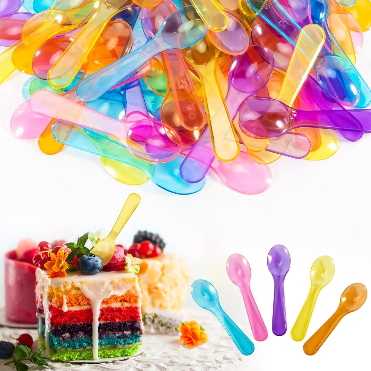 MAQIHAN mini tasting spoons front view showing a vibrant multi color assortment of small disposable plastic cutlery for party desserts.