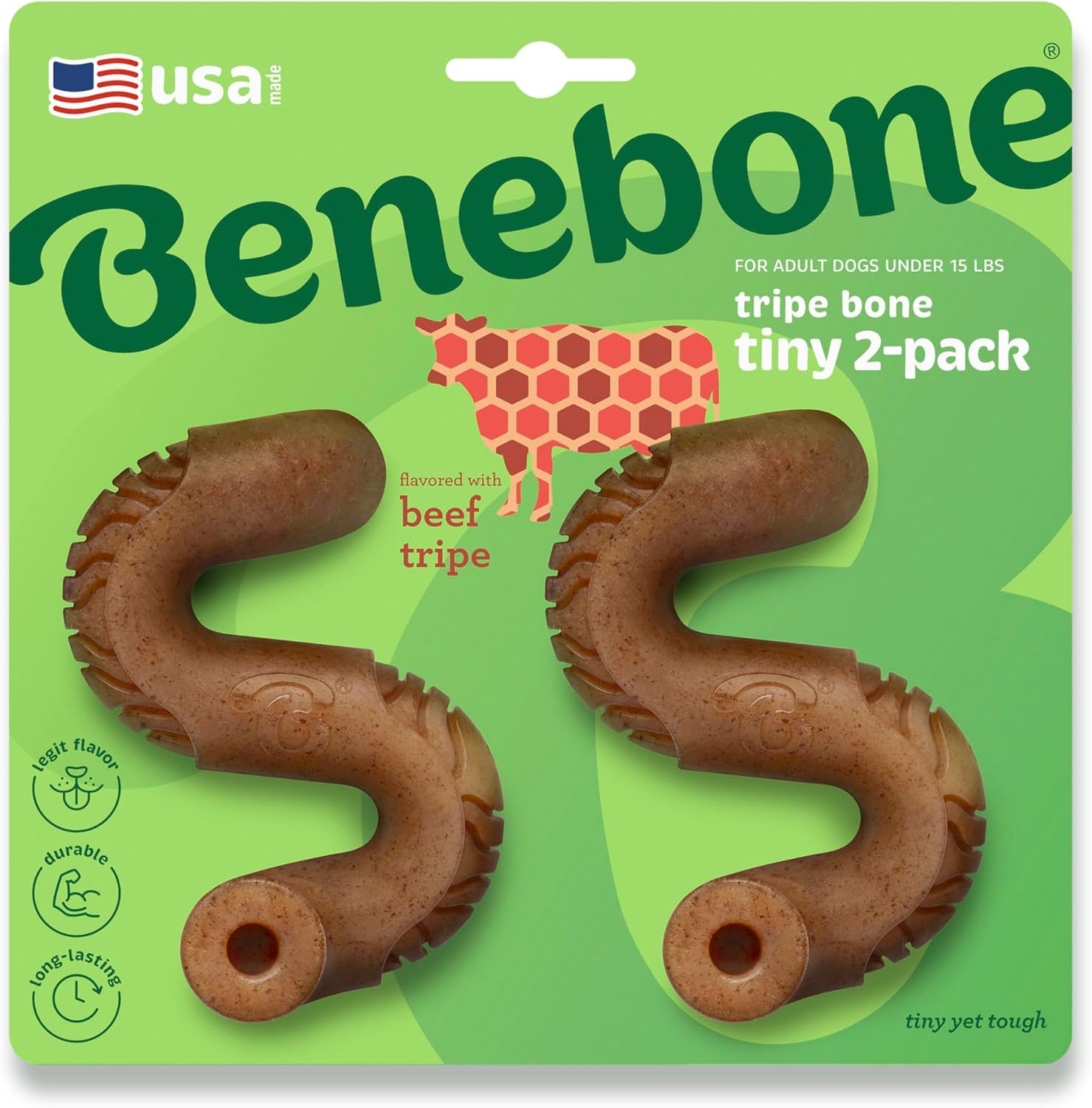Benebone Tiny Two Pack Tripe Bone dog chew toy front view