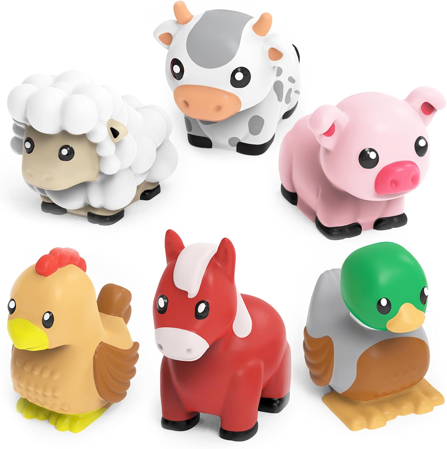 Tub Works Barnyard Mold Free Bath Toys 6 Pack front view showing six colorful farm animals floating in a white bathtub.