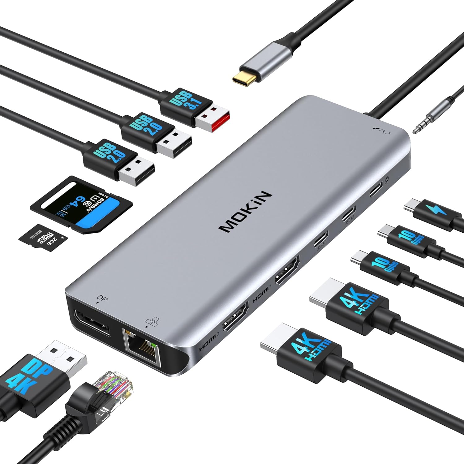 MOKiN 13 in 1 USB C laptop docking station front view showing aluminum alloy build and sleek connection ports.