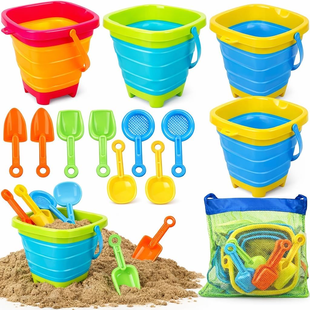 Toy Life collapsible beach toys front view with 4 buckets and 8 shovels