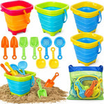 Toy Life collapsible beach toys front view with 4 buckets and 8 shovels