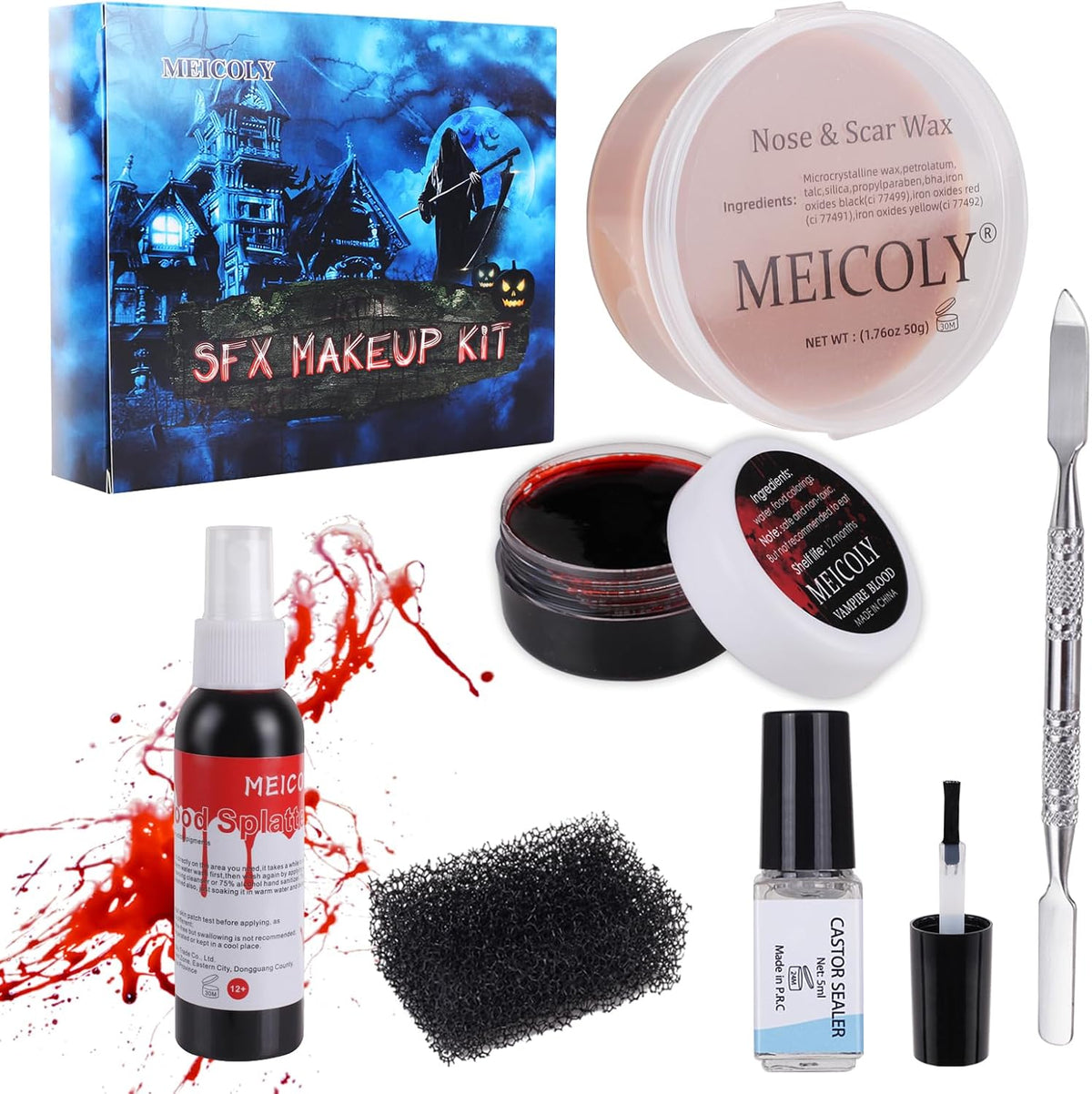 MEICOLY SFX Makeup Kit Scars Wax, Fake Blood Spray(2.1Oz) Halloween Special Effect Wound Modeling Skin Wax(1.67Oz) with Spatula, Black Stipple Sponge, Coagulated Blood Gel(1.06Oz),5ml Castor Sealer,02 - Image 14