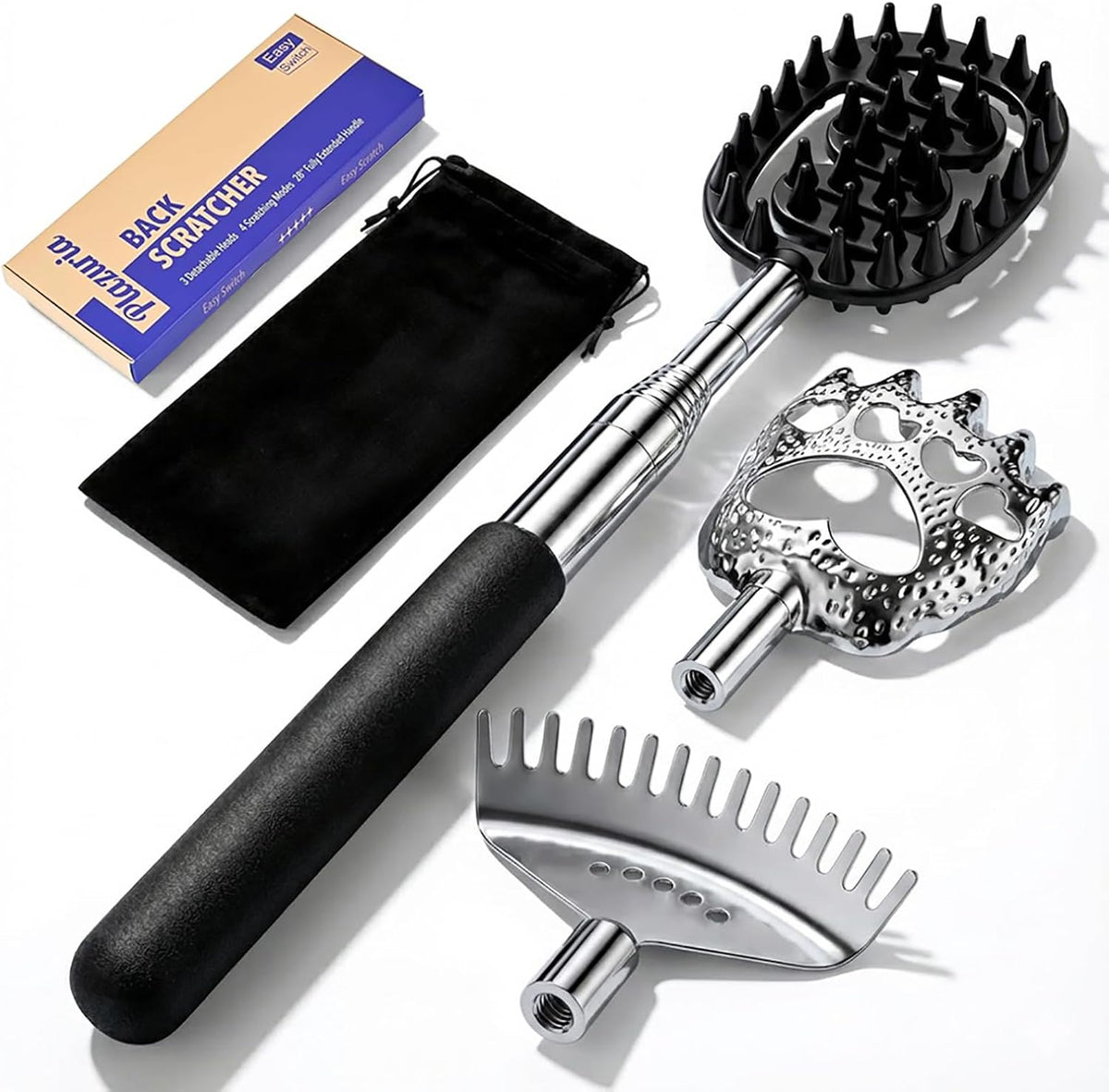 Plazuria oversized back scratcher with three detachable heads and black handle
