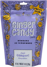 Vegan and kettle cooked Gem Gem ginger chews packaging details.
