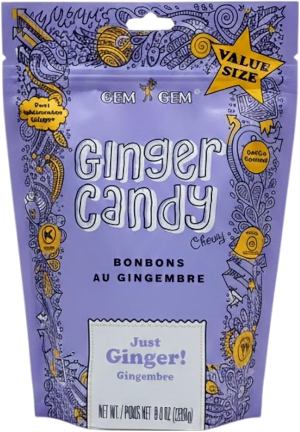 Vegan and kettle cooked Gem Gem ginger chews packaging details.