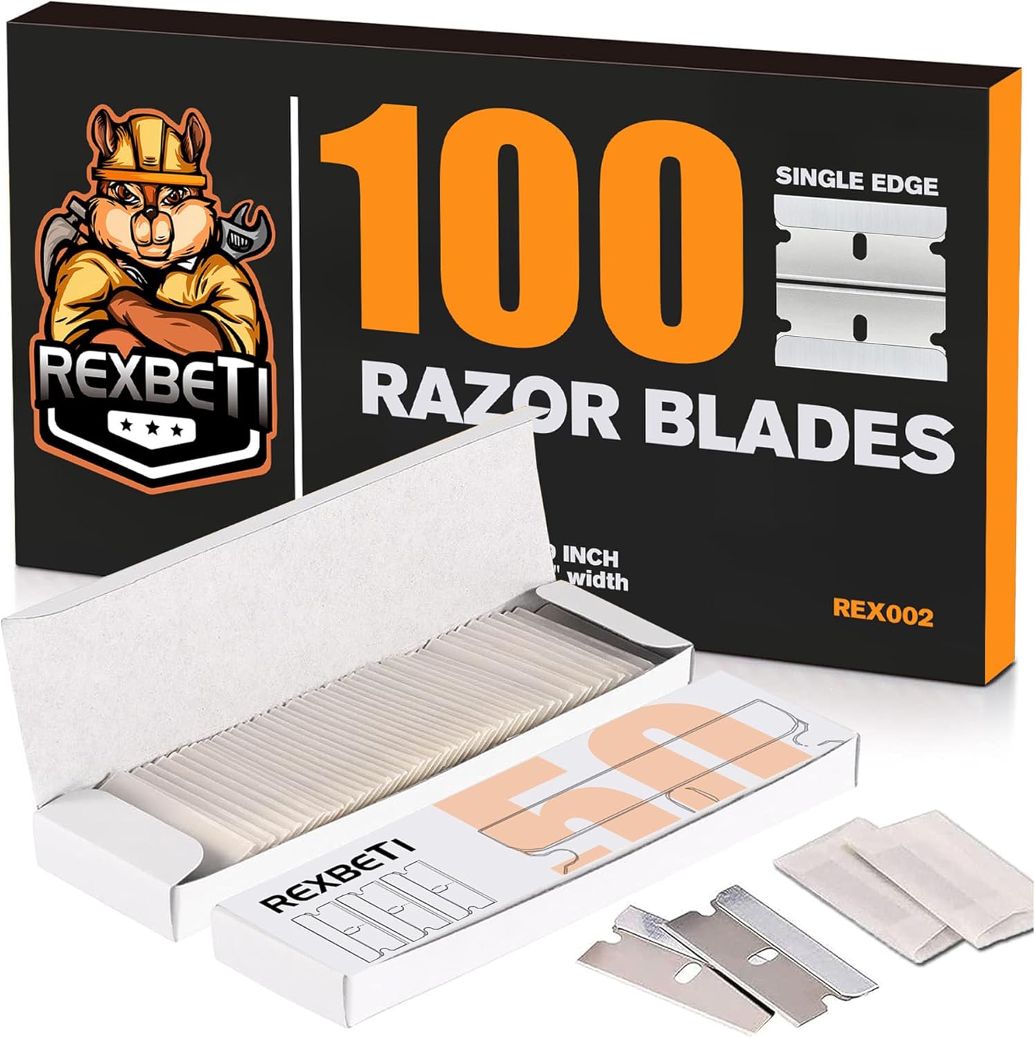 Rexbeti 100 count industrial razor blades front box view