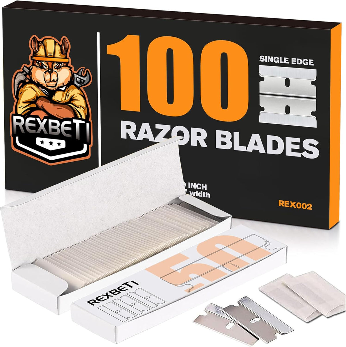 Rexbeti 100 count industrial razor blades front box view