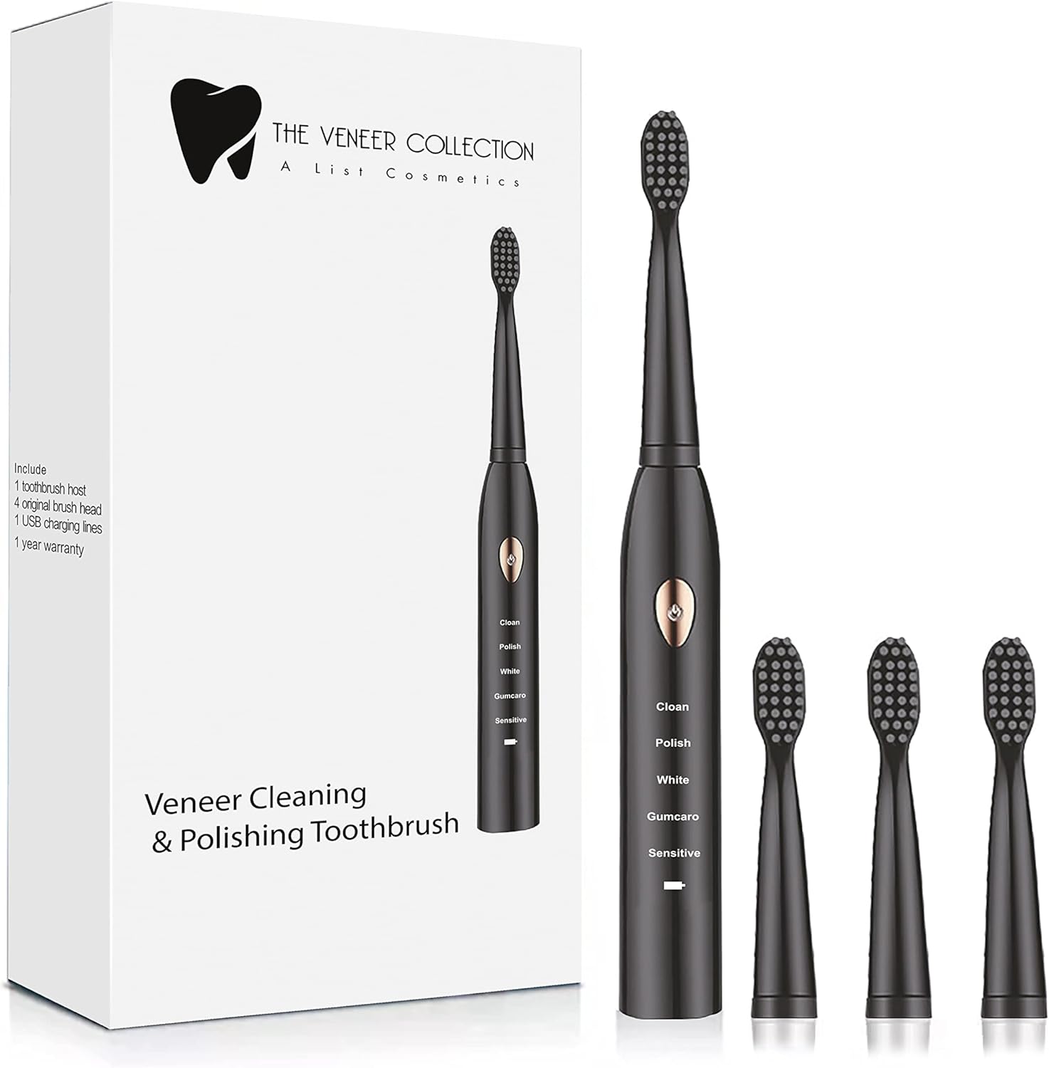 The Veneer Collection Adult Veneer Polishing Toothbrush in matte black front view showcasing the sleek ergonomic handle.
