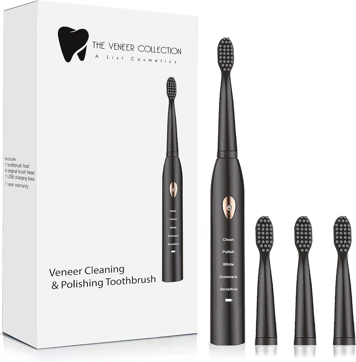 The Veneer Collection Adult Veneer Polishing Toothbrush in matte black front view showcasing the sleek ergonomic handle.