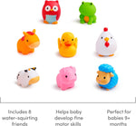 Floating Munchkin barnyard animal bath toys in water tub