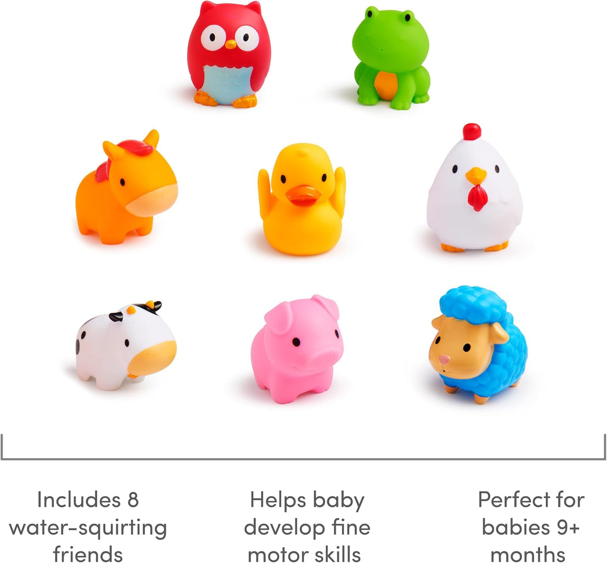 Floating Munchkin barnyard animal bath toys in water tub
