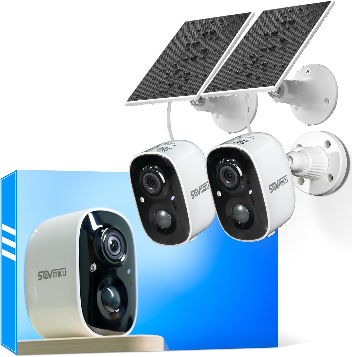 SOVMIKU 2CG6 solar security camera wireless outdoor front view showcasing the lens and motion sensor