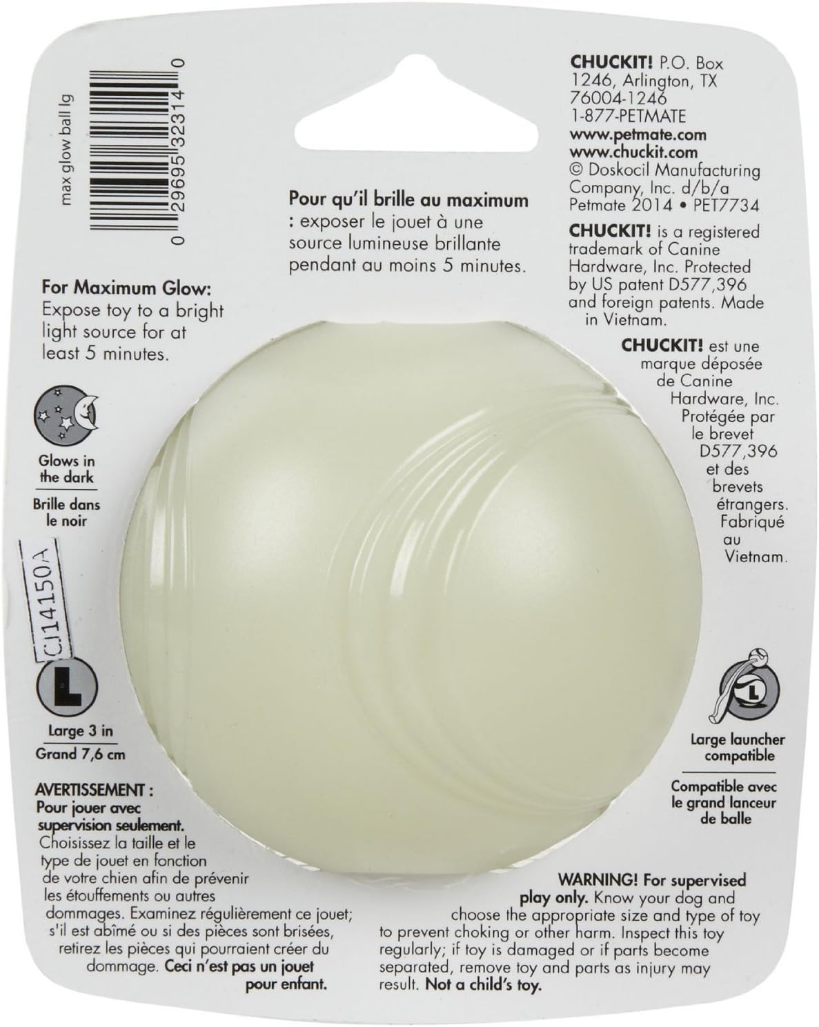 Chuckit Max Glow Ball packaging and product layout for dogs
