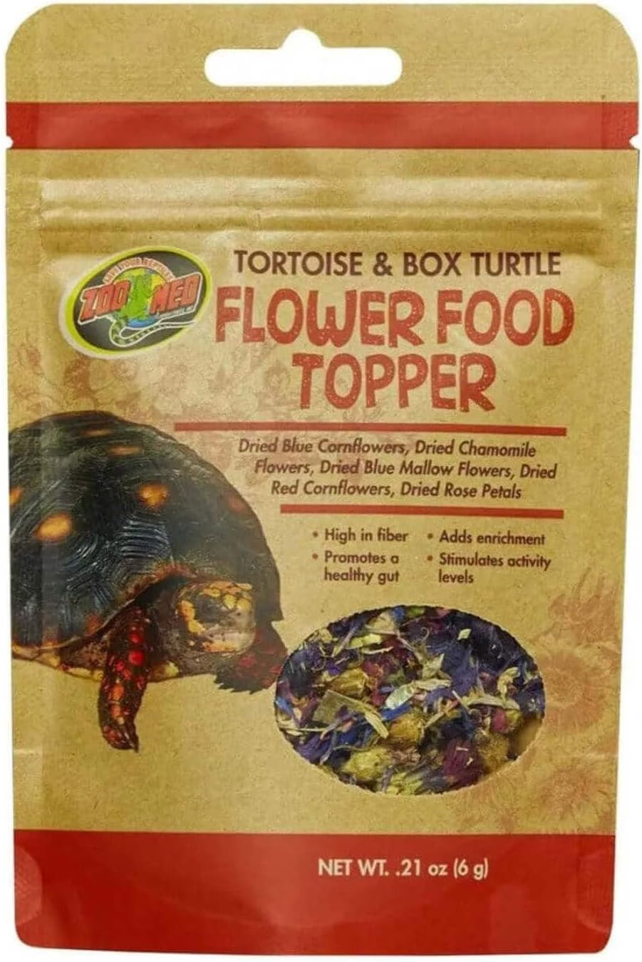 Zoo Med dried flower reptile food topper blend close up showing chamomile and rose petals
