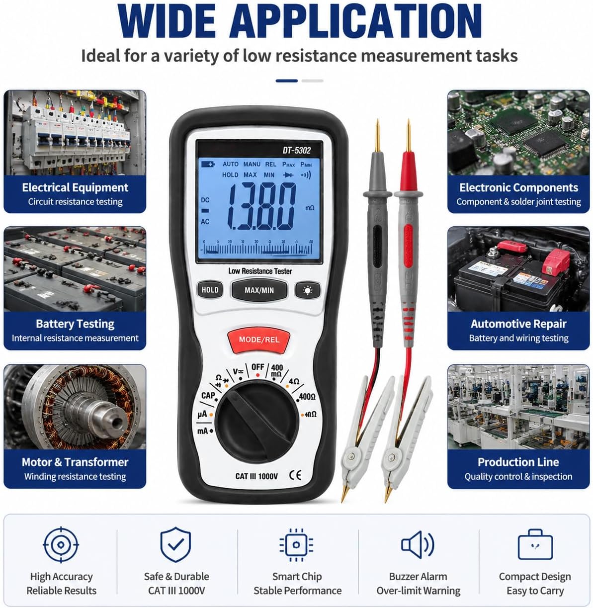 DT-5302 4-Wire Low Resistance Tester, Digital Milliohm Meter 0.1m | Professional 4-Wire Milliohm Meter for Low Resistance Testing, 0.1m Resolution, Backlit LCD, Kelvin Clip Measurement - Image 9