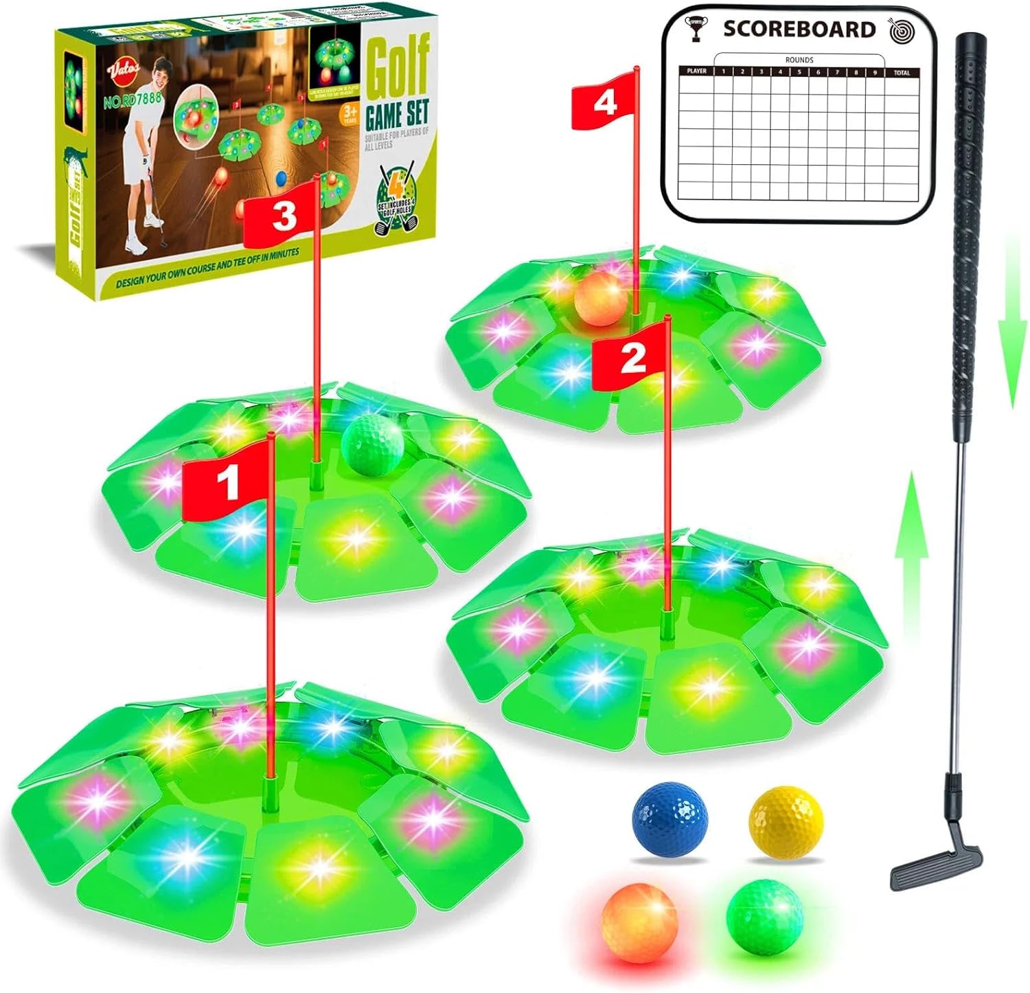 Vatos light up golf putting game set front view showing LED holes