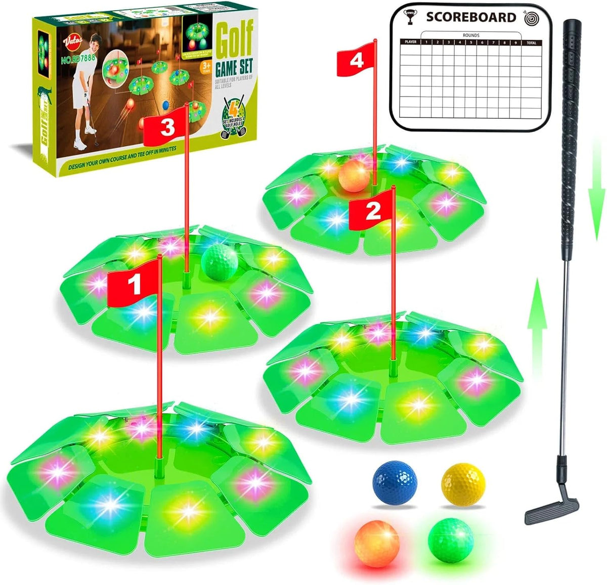 Vatos light up golf putting game set front view showing LED holes